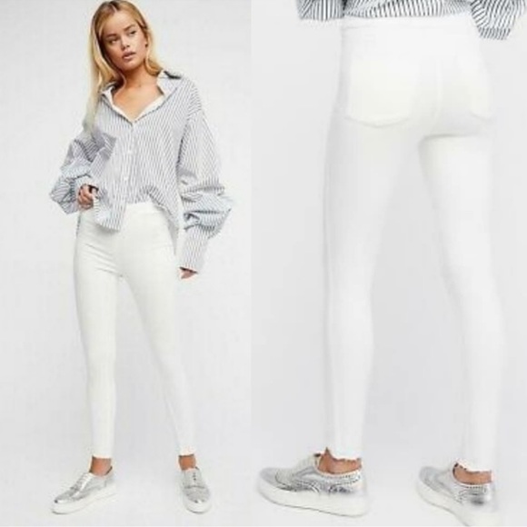 Free People Denim - Free People White High Waisted Raw Hem Pull On Skinny Jeans